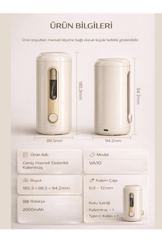 Va10 Bej Şarjlı Otomatik Elektrikli Kalemtıraş 2000mah 5 Kademe Uç Ayarlı, 6.9-12mm Jumbo Uyumlu, Type-c, Geniş Hazneli