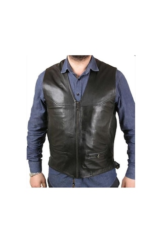 Hakiki Deri Önden Fermuarlı Erkek Deri Yelek Siyah