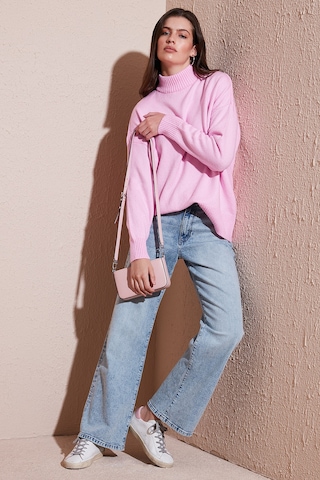 Lela Premium Oversize Fit Balıkçı Yaka Yumuşak Dokulu Triko Bayan Kazak 680Kz00469 Şeker Pembe