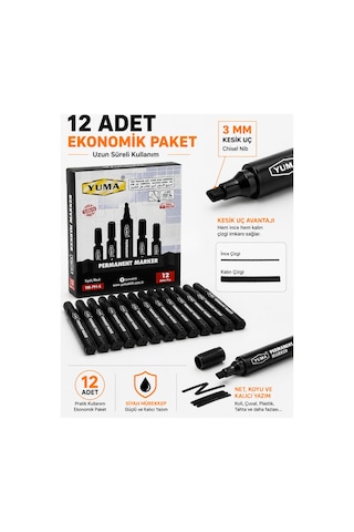 Mavi Permanent Marker Koli Kalemi 12 Li Paket 3 Mm Kesik Uç Siyah