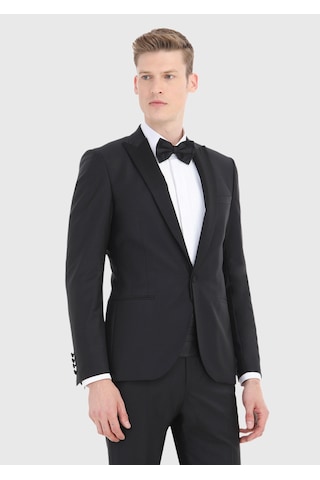 Ramsey Siyah Düz Fashion Slim Fit Kruvaze Yaka Dokuma Smokin Takım Elbise
