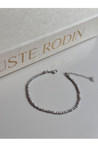 Gümüş Renk Dorika Boncuklu Kadın Halhal Ayarlanabilir Zarif Yazlık Aksesuar Gümüş