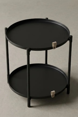 Çift Tepsili Katlanır Orta Yan Yuvarlak Sehpa Metal Ayak - Modern Sehpa 50cm 44 Cm Tepsi Deri Kulplu Mat Siyah