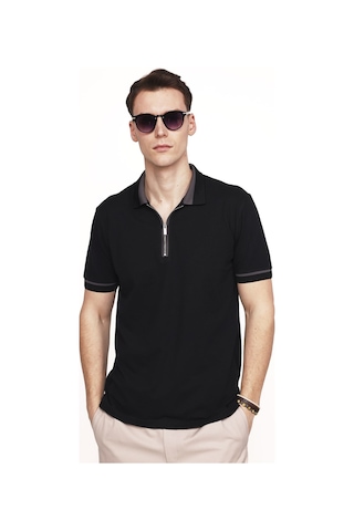Tudors Erkek Polo Yaka Slim Fit Pamuk Fermuarlı Pike Siyah Tişört 27140 Siyah