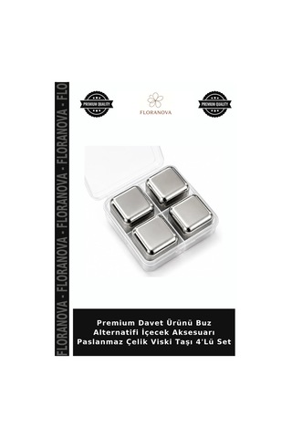 Premium Davet Ürünü Buz Alternatifi İçecek Aksesuarı Paslanmaz Çelik Viski Taşı 4'lü Set