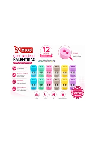 Mikro Çift Delikli Kalemtıraş 12 Adet Tek Kutu Hazneli Standart Ve Jumbo Kalem Uyumlu Mk-1011