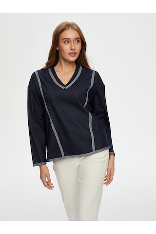 Faik Sönmez V Yaka Ters Dikiş Detaylı Sweatshirt W26swt002 Uw26swt00227 İndigo