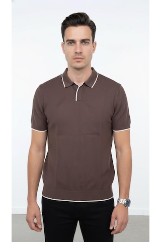 Plus Scorpion Erkek Pike Dokulu Triko Polo Yaka Tişört Slim Fit Şerit Detaylı Yazlık Model Kahverengi