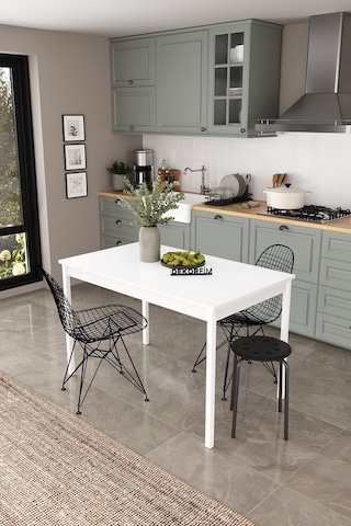 Df01113 Dekoratif Mutfak Masası 120x70 4-6 Kişilik Şık, Modern, Metal Ayaklı Salon Yemek Masası Beyaz