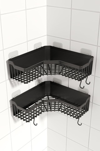 Ata Home Banyor Yapışkanlı Banyo Köşeliği Rafı, 2'li Banyo Düzenleyici, Duvar Duş Rafı Banyo Köşe Şampuanlık Siyah Sku: Smgstk523233543c Açık Ahşap