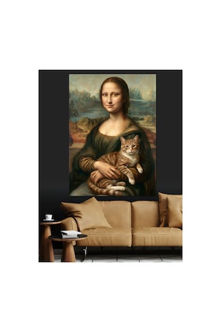 Kedili Mona Lisa Ünlü Ressam Yağlı Boya Dokulu Kanvas Tablo Canvas Tablosu