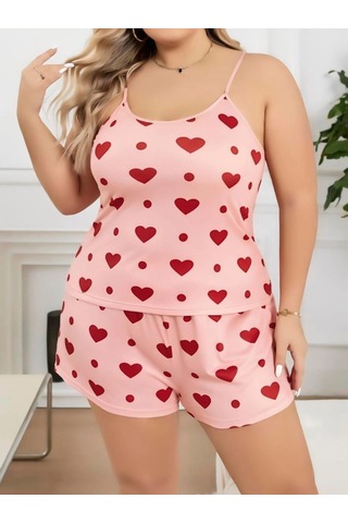 Senoramoda Büyük Beden Pembe Kalp Desen Pamuklu Şortlu Pijama Takımı