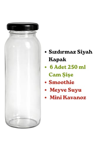 Cam Şişe 250 Ml 6 Lı Kapaklı Meyve Suyu, Smoothie, Limonata, Detoks, Mini Kavanoz