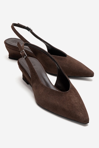 Luvishoes Rosella Kahverengi Süet Mini Dolgu Kadın Topuklu Ayakkabı