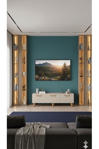 Modern Mobilya Berlin Tv Ünitesi Tv Sehpası Ayaklı Sarı Mermer Desenli 3 Kapaklı 150 Cm Beyaz
