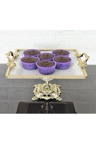 Porselen Küçük Sade Kare Servis Tabağı-sunumluk Döküm Gold Çerçeve Ve Ayaklı 22cm Beyaz
