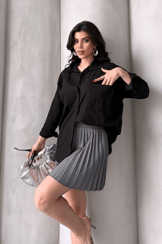 Paw Garage Kadın Harper Çift Cepli Oversize Keten Gömlek, 2025 Summer Collection Siyah