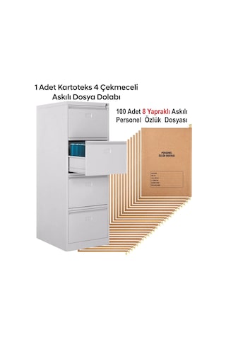 1 Adet Dört Çekmeceli Kartoteks Dosya Dolabı 100 Adet 8 Sayfalı Askılı Personel Özlük Dosyası Kampanyalı Fiyat