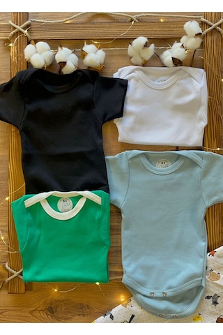 Betül Bebek Kısa Kollu 4'lü Organik Pamuk Çıtçıtlı Bebek Body & Zıbın Yeşil,siyah,mavi,beyaz Çok Renkli