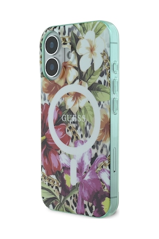Apple Uyumlu iPhone 16 Kılıf Guess Lisanslı Magsafe Şarj Özellikli Iml Baskılı Jungle Ring Yeşil