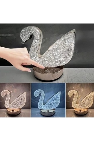 Gece Lambası Kuğu Formlu Kristal Led Masa Lambası Dokunmatik 3 Renk Işık Modlu Şarj Edilebilir Küçük Boy Dekor Amaçlı .