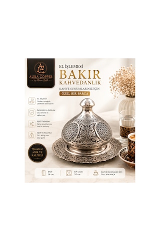 Ağır El İşlemesi Bakır Kahvedanlık Kahve Sunumluk Dekoratif Kapaklı Kahve Sunum Seti Ve Otantik Obje Aksesuar Gümüş Mat