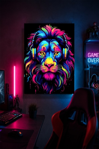 Kulaklıklı Aslan Metal Duvar Tablosu Renkli Gamer Oyun Odası Dekoru 30x40 Cm A3 Boyutunda