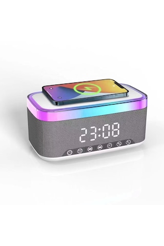 Kablosuz Bluetooth Hoparlör - Üstten Telefon Şarj Özellikli, Rgb Tasarım, Alarm & Saat Göstergeli