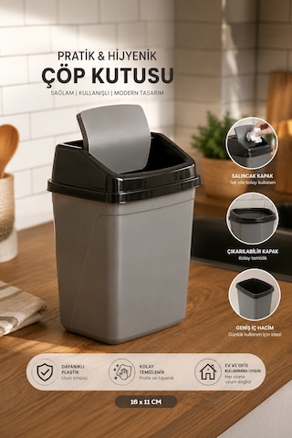 Porsima 0101 Kapaklı Gri-siyah Çöp Kutusu - Favori Banyo Ve Mutfak Çöp Kovası 5lt Siyah