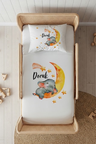 %100 Pamuk Saten İsme Özel İsimli 100x200 Tek Kişilik Lastikli Çarşaf Seti Uykucu Fil Beyaz