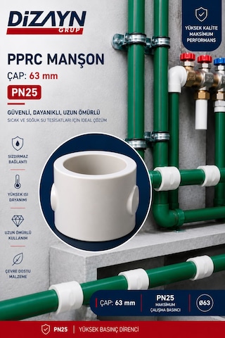 Dizayn Pprc Manşon 63 Mm 6 Adet Pn25 Temiz Su Tesisat Ek Parçası