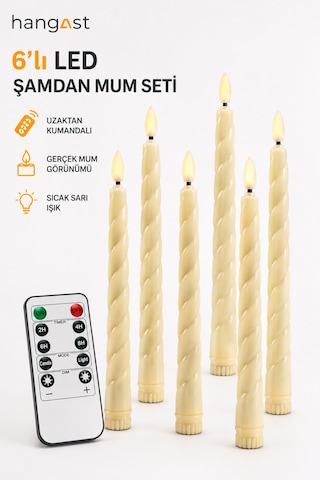 6'lı Led Şamdan Mum Seti Uzaktan Kumandalı Timer Özellikli Gerçek Mum Görünümlü Sıcak Sarı Işıklı Pilli Dekoratif Mum Krem