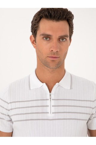 Beyaz Slim Fit %100 Pamuk Fermuarlı Polo Yaka Triko T-shirt