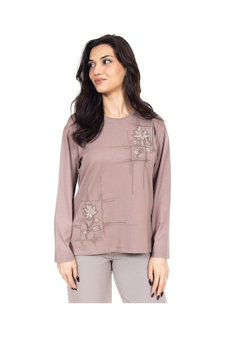 Yeni Sezon Kadın Orta Yaş Ve Üzeri Viskoz Kanaviçe İşlemeli Lüks Anne Penye Bluz 24311-vizon