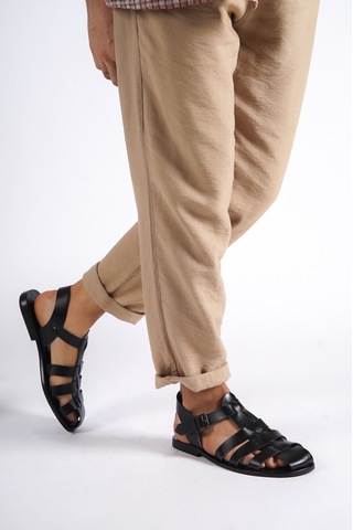 Sur Sandalet El Yapım Kösele Erkek Bodrum Sandalet Siyah