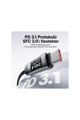 Toocki 240W PD 3.1 OLED Ekranlı Type-C to Type-C Hızlı Şarj Kablosu E-Marker Çipli - 2 Metre