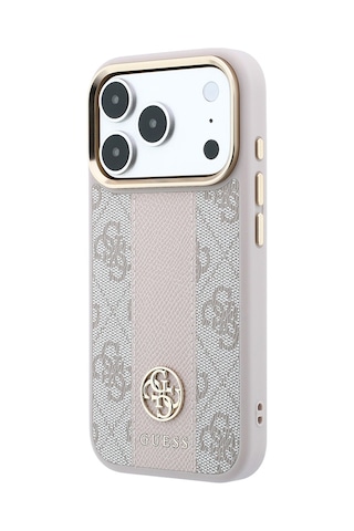 Apple iPhone Uyumlu 18 Pro Kılıf Guess Lisanslı M-safeli Deri 4g Desenli Şeritli Yazı Logolu Kapak Pembe