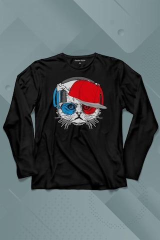 Cat Glasses Gözlüklü Bordo Mavi Spor Trabzon Kedi Uzun Kollu Tişört Baskılı Çocuk T-shirt 001