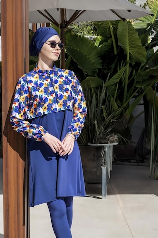 Mayom Tam Kapalı Crop Model Çiçek Desenli Tesettür Mayo-2523 Lacivert-desenli