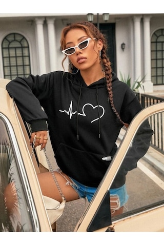 Kadın Kalp Çizgi Baskılı Oversize Kapşonlu Sweatshirt Siyah