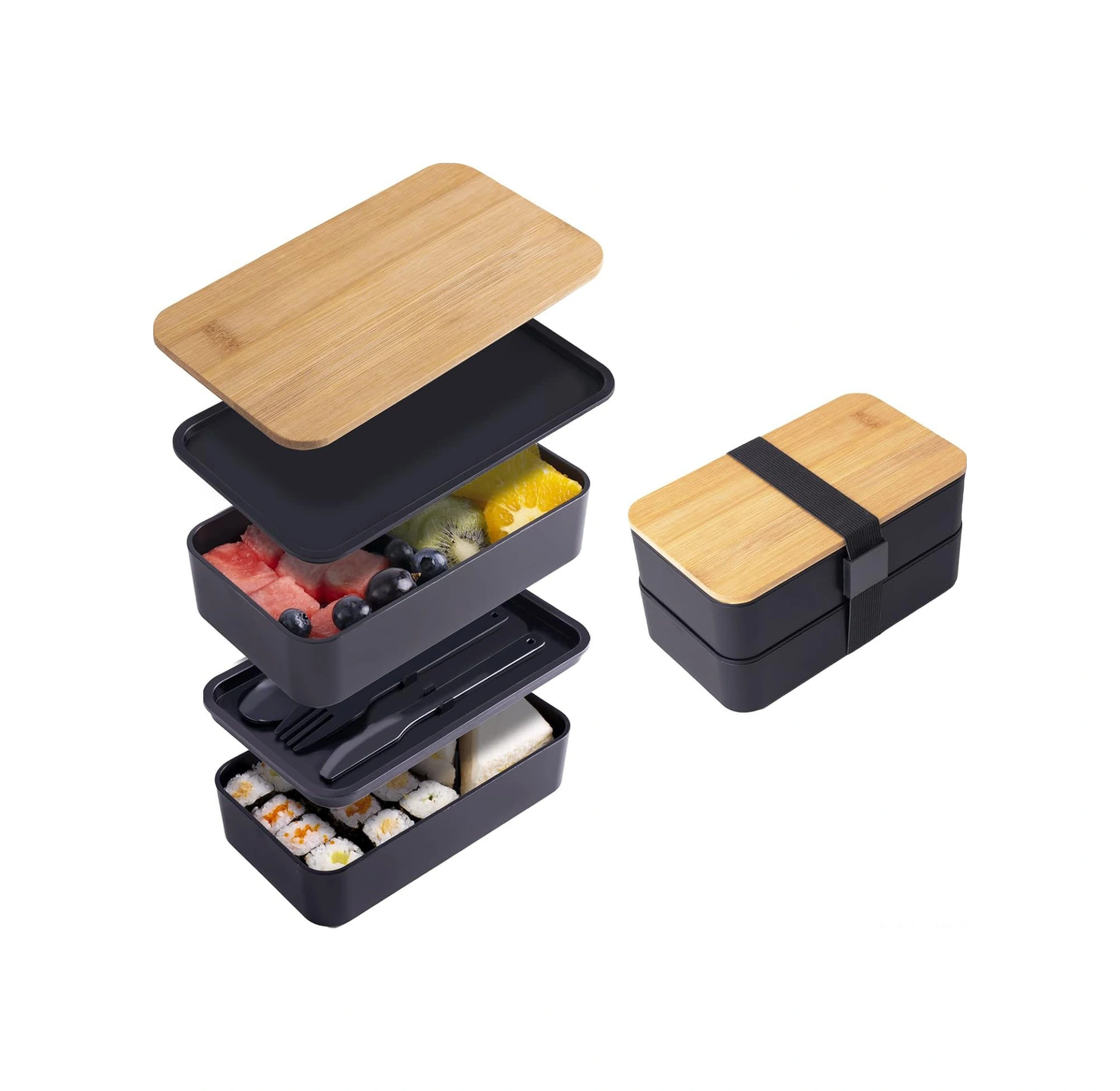 Yunboo İki Katlı Bambu Kapaklı Microwave Uygun Yemek Kutusu, Öğrenci-çalışan İçin Büyük Kapasite, Yiyecek Sağlama, Pp Malzeme, Yıkama Makinesine Uygun Isı Saklama Çantası Hariç Siyah