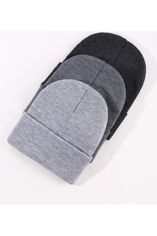 Eke Tekstil Unisex Katlamalı 3'lü Bere Seti Antrasit - Açık Gri - Gri