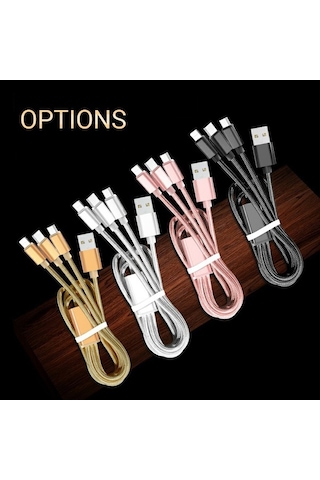 Sandwich 3 Cihazlı 2m 2a Hızlı Şarj Kablosu - Type-c/lightning/micro-usb, Gül Altın