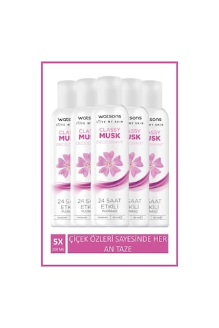 Watsons Classy Musk 24 Saat Etkili Pudrasız Kadın Sprey Deodorant 5 x 150 ML Watsons Classy Musk 24 Saat Etkili Pudrasız Kadın Sprey Deodorant 5 x 150 ML
