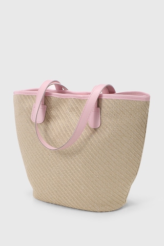 Housebags Doğal Hasır Pembe Deri Askılı Plaj Çantası Hasır Pembe
