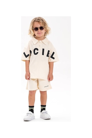 Miniko Kids Laciel Paris Baskılı Yakalı Şortlu Pamuk Takım Ekru