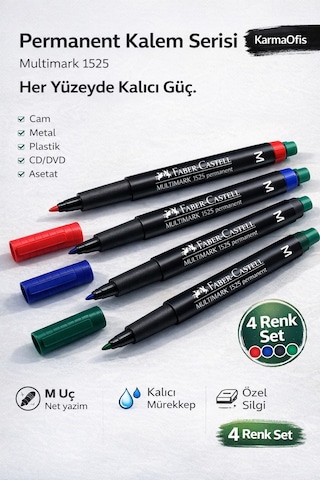 Multimark 1525 Permanent Markör 4'lü Set M Uç Cam Cd Plastik Metal Yazım Kalemi Ekru