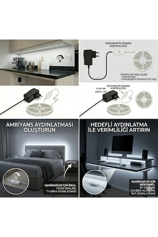 5 Metre Beyaz Şerit Led Işık Seti Dimmer Butonlu Ve Adaptörlü Mutfak Tezgahı, Raf Ve Tv Ünitesi Aydınlatma