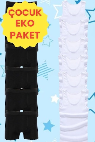 Mood Agenda Erkek Çocuk Pamuklu Penye 6 Atlet 6 Boxer Beyaz Siyah Beyaz - Siyah