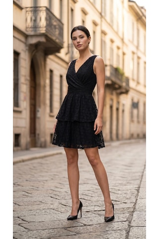 Füme Style Fü&mestyle Kadın Ön Ve Arka Yaka V Siyah Dantel Elbise